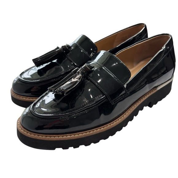 Franco Sarto Black Loafers Patent Leather Tassel Platform Chunky Shoe Size 6.5 - Picture 1 of 11